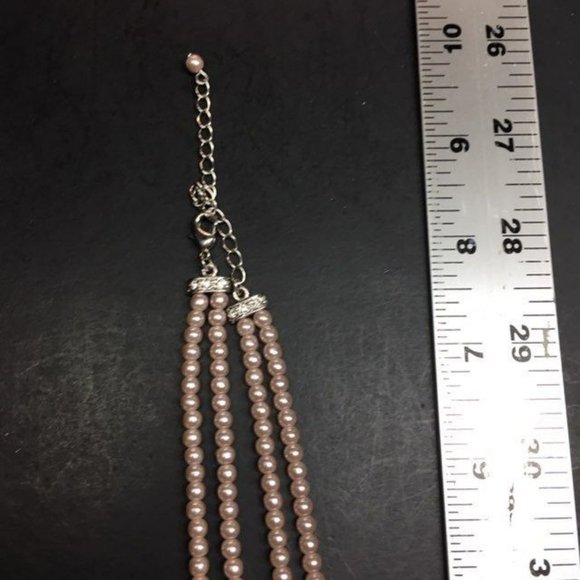 Pink Pearl Necklace Double Strand Rhinestone Silver Chain Soft Girl Barbie Retro - Picture 6 of 7